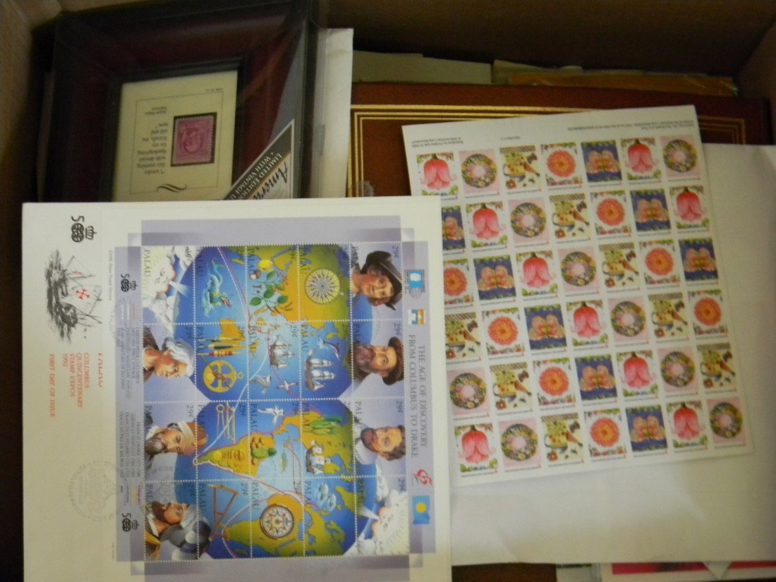 A large carton conglomeration of odd + ends philate: A large carton conglomeration of odd + ends philatelic souvenirs, covers and cards, pages, new issues etc. US plus worldwide.