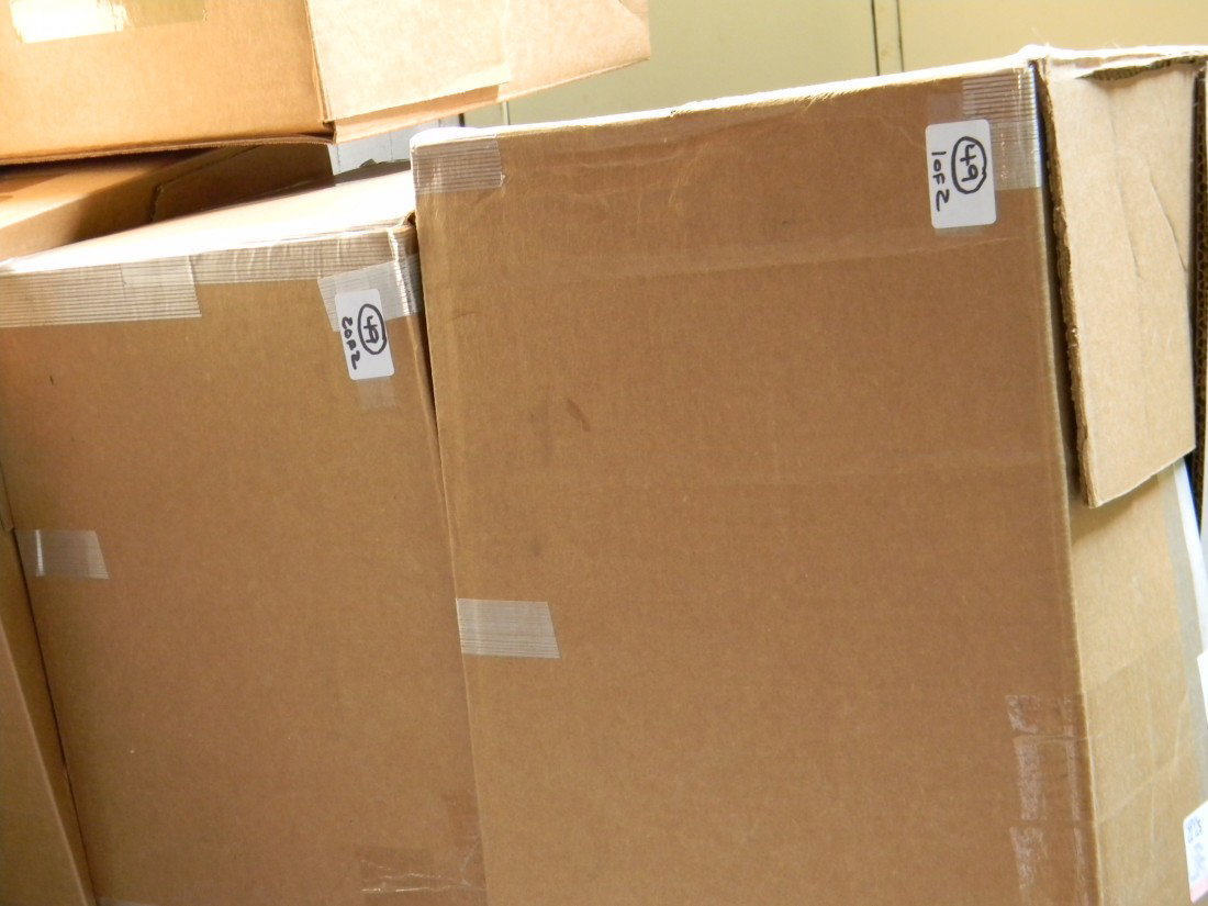 2 large boxes of interesting U.S. and worldwide odd: 2 large boxes of interesting U.S. and worldwide odds and ends including stamp and coin show cards 1970's-80's, US and foreign promo folders, art related posters, stamp prints, oversize FDC's and relat