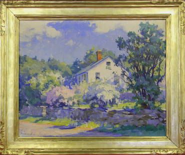 Mabel May Woodward, New England Cottage, Oil Paint: Mabel May Woodward, New England Cottage, Oil Painting on Canvas, 16" x 20". Back carved "Thulin #2412"