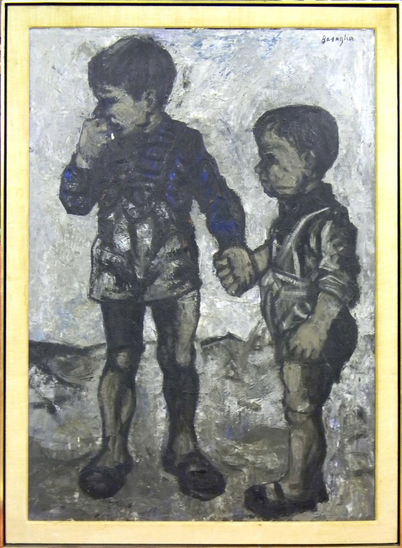 Vittorio Basaglia, 1958, Entitled "Bambini", Oil p: Vittorio Basaglia, 1958, Entitled "Bambini", Oil painting on Canvas, 39" x 28". 1936-2005.