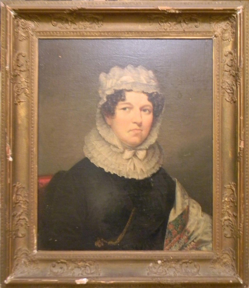 Portrait of Sarah Jones Harris, circa 1815: Portrait of Sarah Jones Harris, circa 1815, Oil on canvas. Purchased from Estate of Anne Chilton. Painted about 1815 by Nagele, son in law of Sully. Large gilt frame with losses. Sarah Jones Harris li
