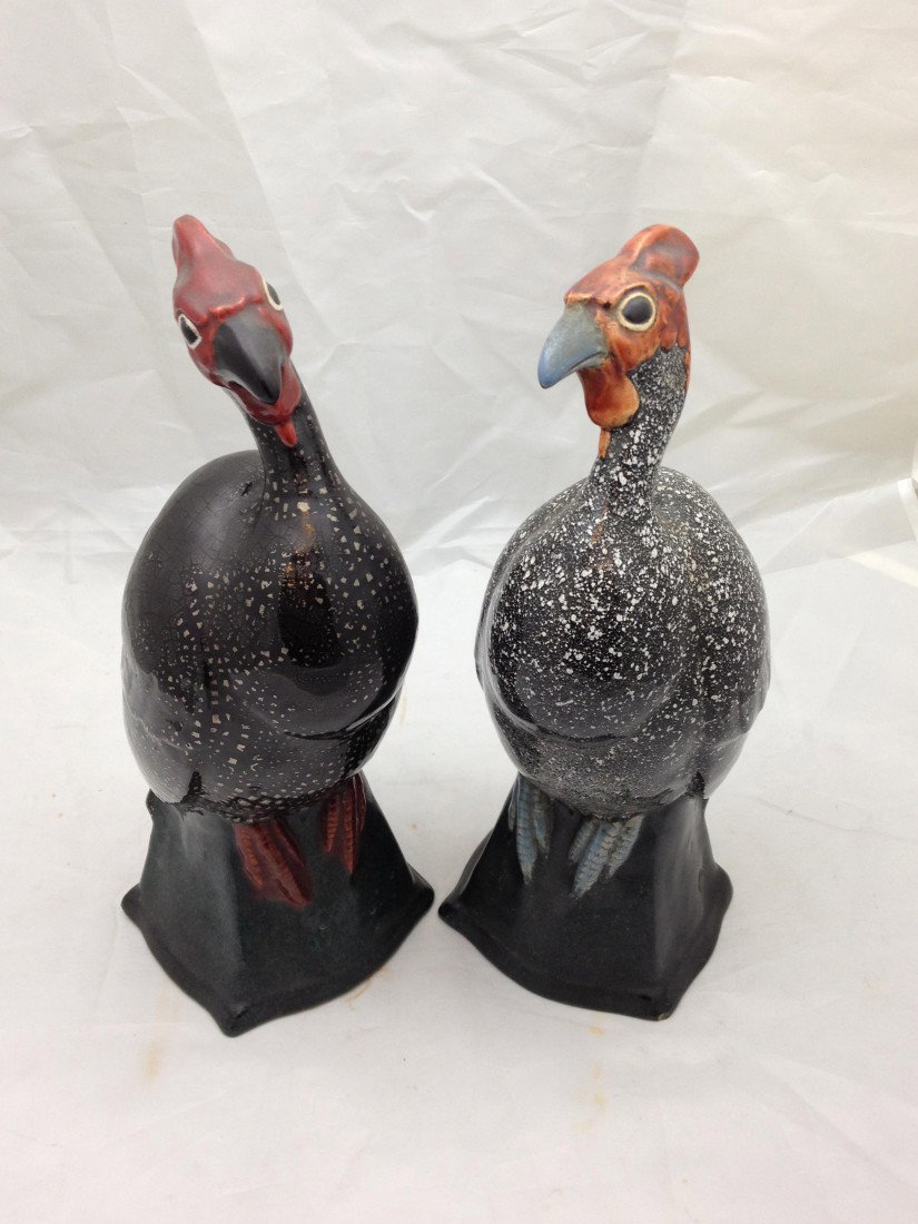 Pair of French Marcel Guilliard Pottery Guinea: Pair of French Marcel Guilliard Pottery Guinea Fowl signed J. Lysso