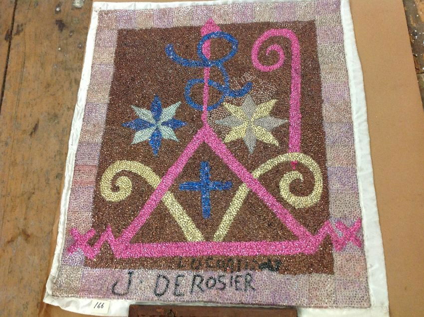J Derosier Voodoo Flag Sequins & Bugle Beads 27" x 23": Sequin and Bugle beads Voodoo flag measuring 27" by 23" signed J. Derosier . Janet Fleisher Gallery