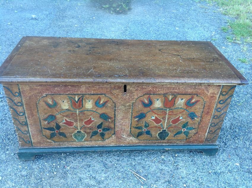Early 19 c Pa Folk Art Painted Dovetailed Blanket Chest: Early Pennsylvania painted dove tail blanket chest with German style decoration. Nice early dove tail joined chest with old black smith forged rat tail hinges that stands 23" H and is 52" W by 22" D