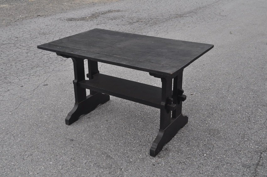 Rare Ebonized Gustav Stickley Oak Trestle Table: Signed Gustav Stickley trestle-base oak table with mortise and tenon joinery. Original Gustav Stickley signature on bottom of table top. Dimensions: H 28 1/2", W 48", D 30".