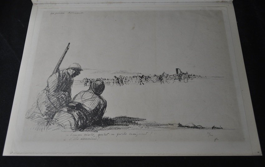 Jean-Louis Forain Artist "La Poussee Allemande": French Artist, Jean-Louis Forain (1852-1931). "La Poussee Allemande" (German Push) etching dimensions: 15" x 21". Pencil signed, 33/300. In pencil across the bottom left translates, "As civilians, wha