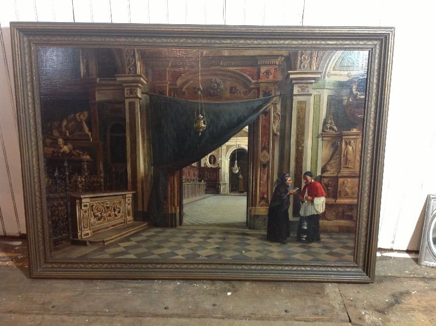 Guiseppe De Simone Large O/B Italian Church Interior: A large Italian Religious church interior with priest and woman with remarkable detail. It measures 31 1/2" by 46" and is signed G De Simone in bottom right corner.