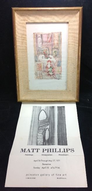 Matt Phillips Pencil Signed Colored Lithograph & Poster: A colored lithograph print pencil signed by Matt Phillips measuring 9" x 5 1/2" along with a poster for a gallery show at Princeton Gallery of Fine Art April 26th through May 17 1971.
