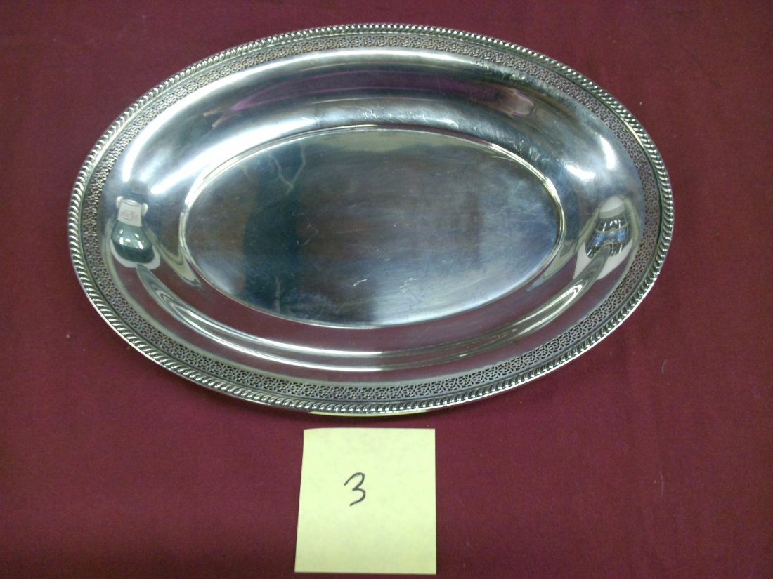 Watson 12" Oval Sterling Silver Serving Platter: Oval sterling silver serving platter w/reticulated border-- 15ozt total