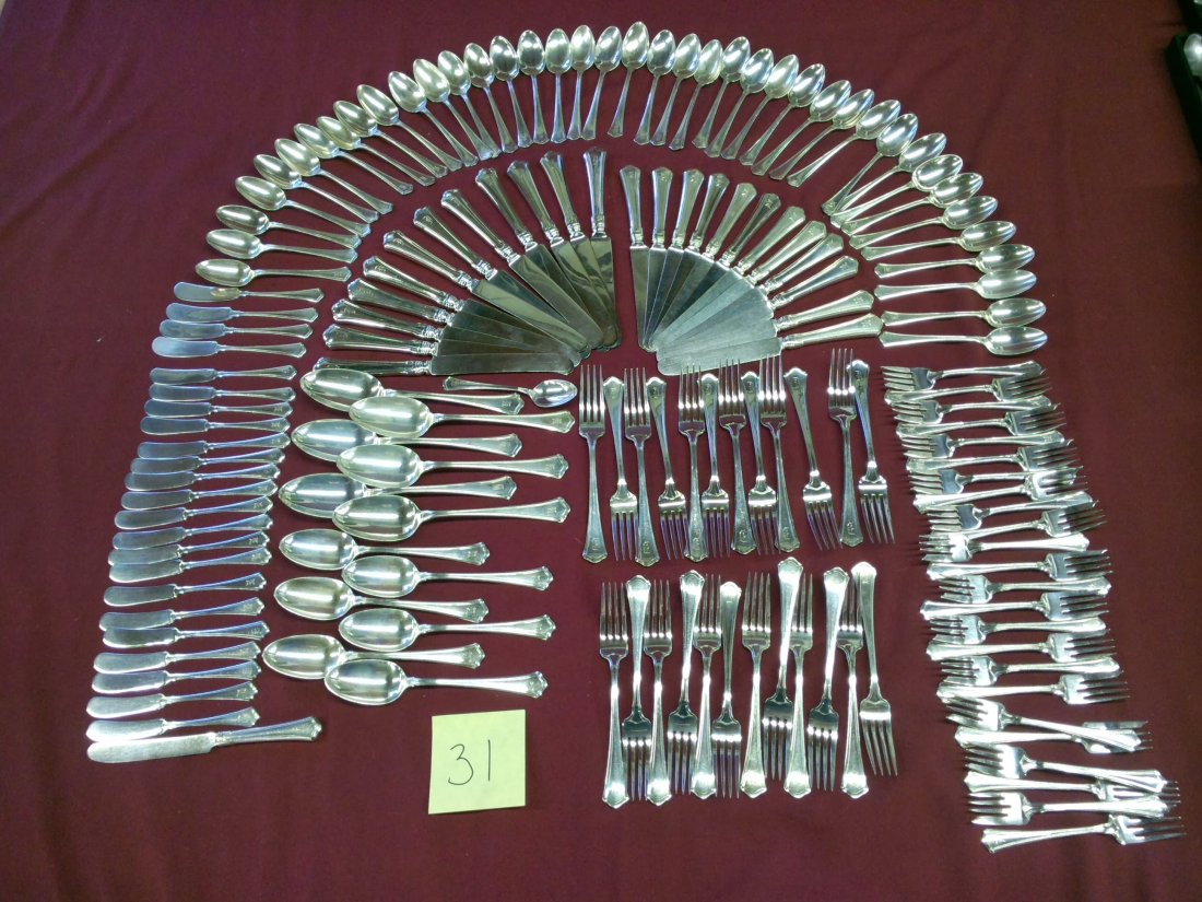 150 Piece Sterling Silver Flatware Set - Wallace: 150 piece sterling silver flatware set. Wallace Silversmiths - Washington pattern 1911. -- total 143 ozt 12 Dinner Knives 12 Dessert Knives 23 Butter Knives 6 Table Spoons 6 Dessert Spoons 40 Teaspoon