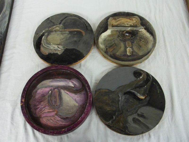 4 Round Martin Hoffman Abstract Paintings: acrylic on board with collaged on shapes, all 4 signed, 11" round, 4 pc lot