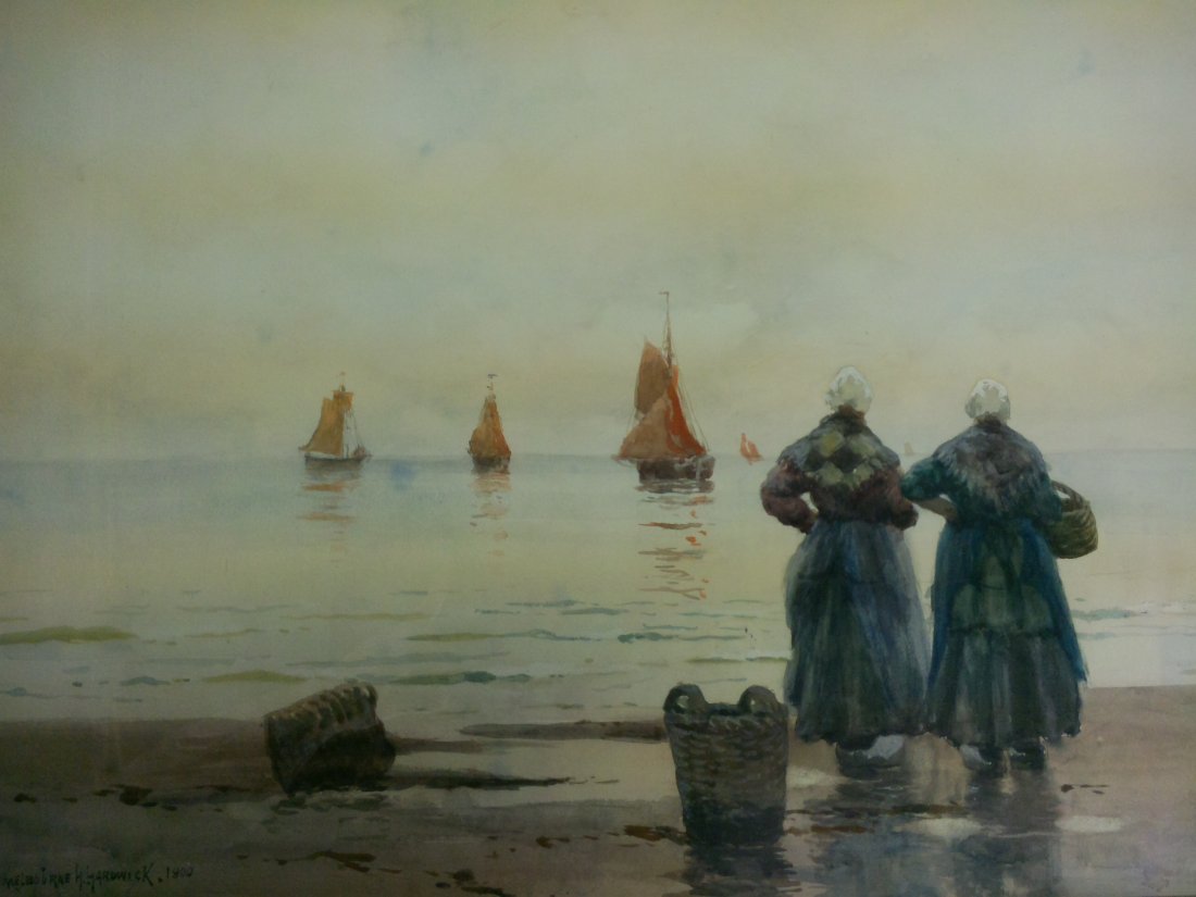 Watercolor Painting Coastal Figures, Melbourne Hardwick: Watercolor painting of coastal figures with sail boats signed bottom left Melbourne H Hardwick 1900, 18"h x 25"w
