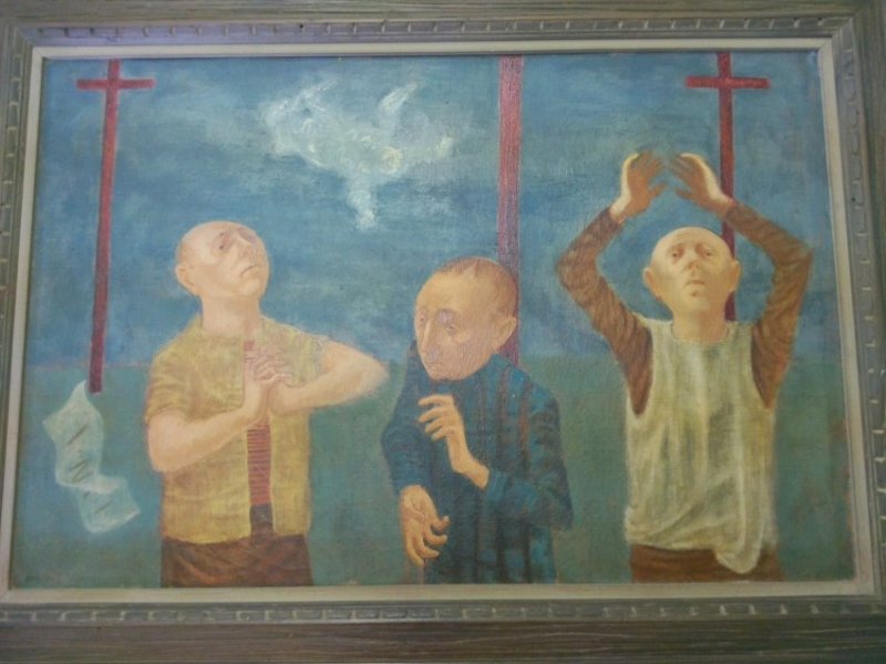 "The Mourners" by Stephen Greene Oil on Canvas: Oil painting on canvas entitled "The Mourners" by Stephen Greene. 20"h x 30"w-- Whitney Museum of American Art gallery label on reverse