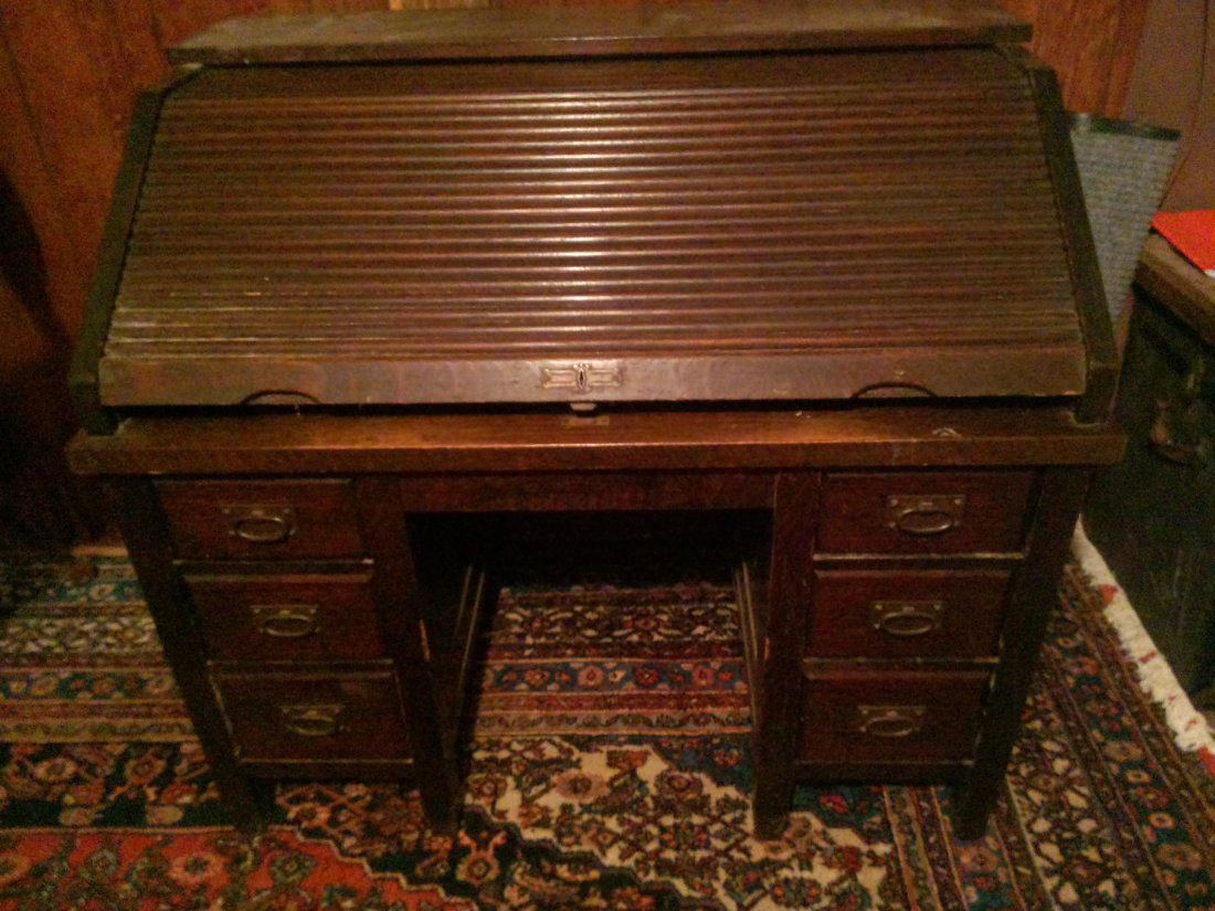 Gustave Stickley Roll Top Oak Desk: Gustave Stickley roll top oak desk with 6 drawers. 43"h x 48 1/4"w x 31 1/4"d