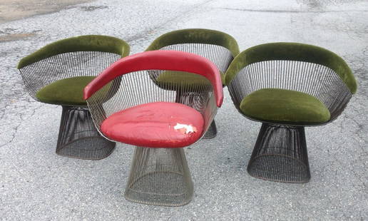 4 WARREN PLATNER MODERNISM ARMCHAIRS: 3 BRONZE WIRE WITH GREEN VELVET UPHOLSTERY, 1 CHROME WIRE WITH ORIGINAL RED LEATHER UPHOLSTERY