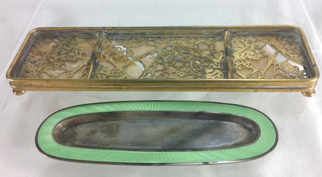 TIFFANY STUDIOS NV #1004 PEN TRAY & PICARD ENAMEL TRAY: {PINE NEEDLE DORA PATTERN GOLD OVER WHITE OPALESCENT GLASS IS BROKEN PLUS PICARD OVAL GUILLOCHE ENAMEL CARD TRAY 3.05ozt