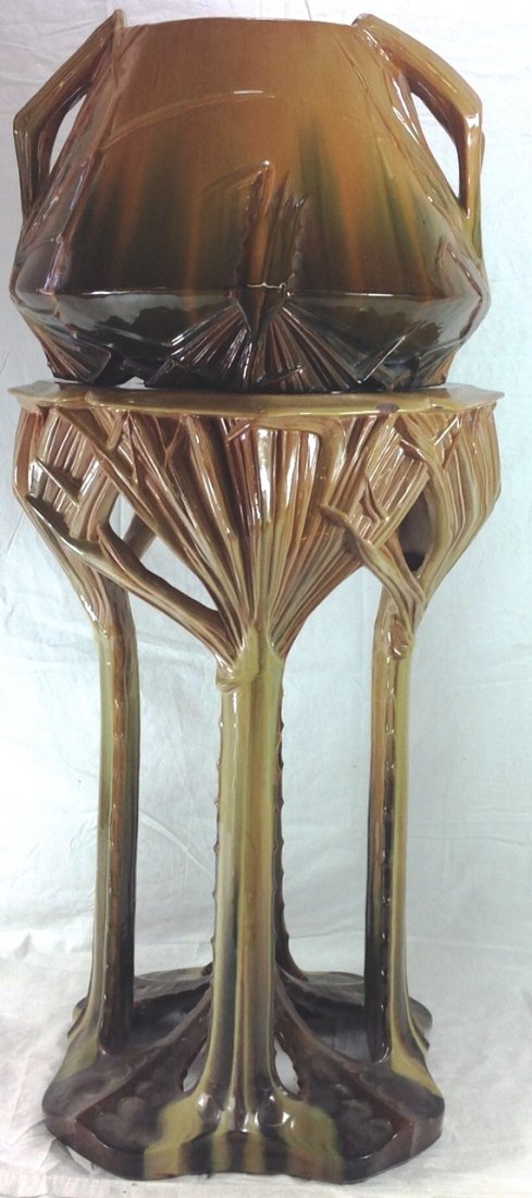Clement Massier Art Nouveau Jardiniere & Stand: late 19th century, decorated with leafy reeds atop a matching stand 39"H x18"W
