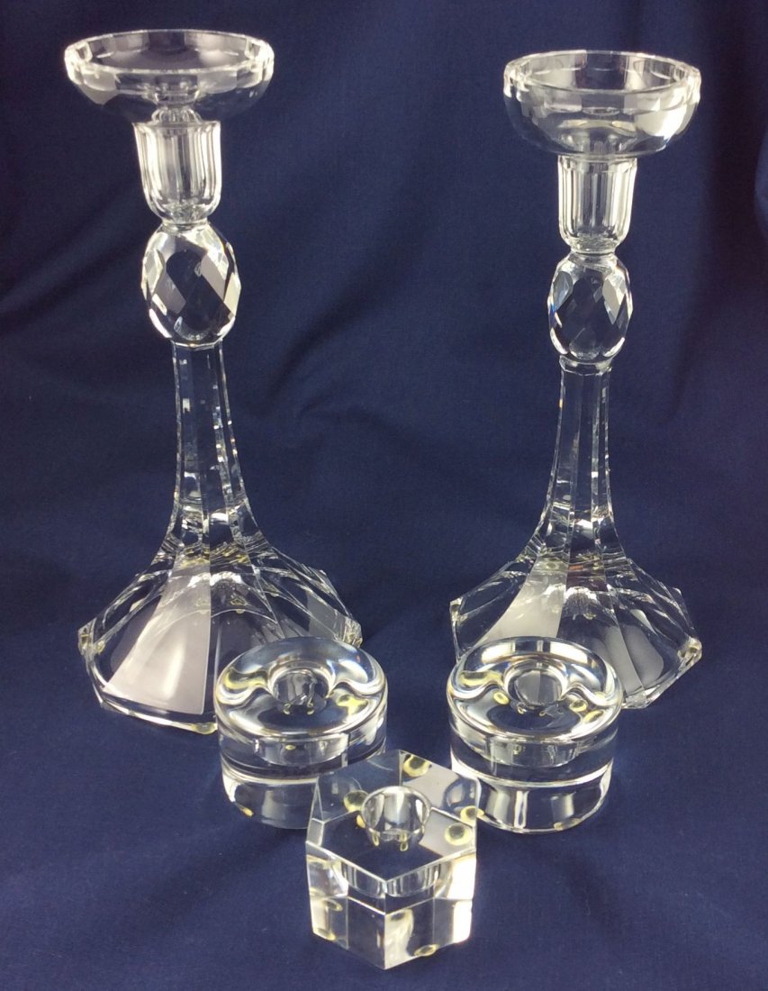 5 Piece Group of Orrefors Candlesticks: pair 11"H, 3 pcs 2"H