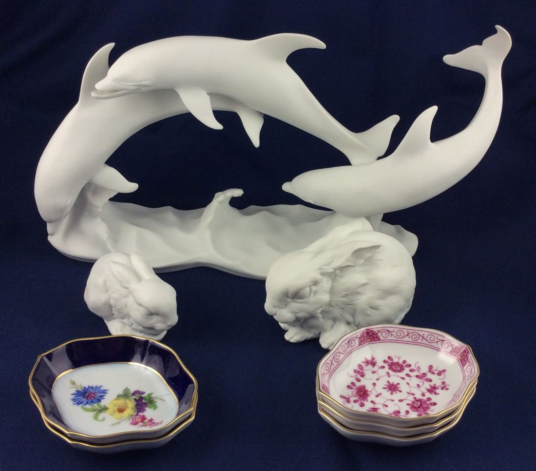 Lot of Kaiser Porcelain: 2 Rabbits, Dolphin Figurine, 5 Small Bureau Trays