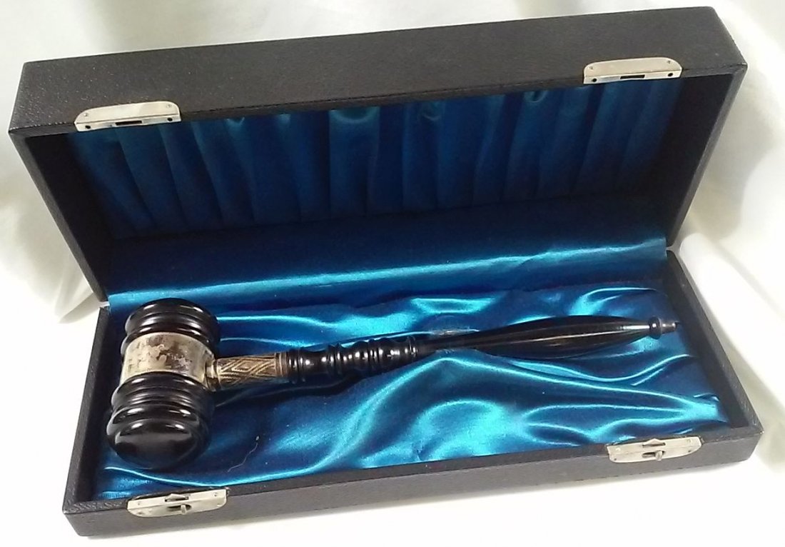 Masonic Gavel with Sterling Silver Band: 3"H x 1 3/4"W x 10"L - Ebonized wood with sterling band engraved with "JAN 1939, L.W. Meserve W.M. From Your Masonic Friends of the U.S. Gauge Co." - presentation case included