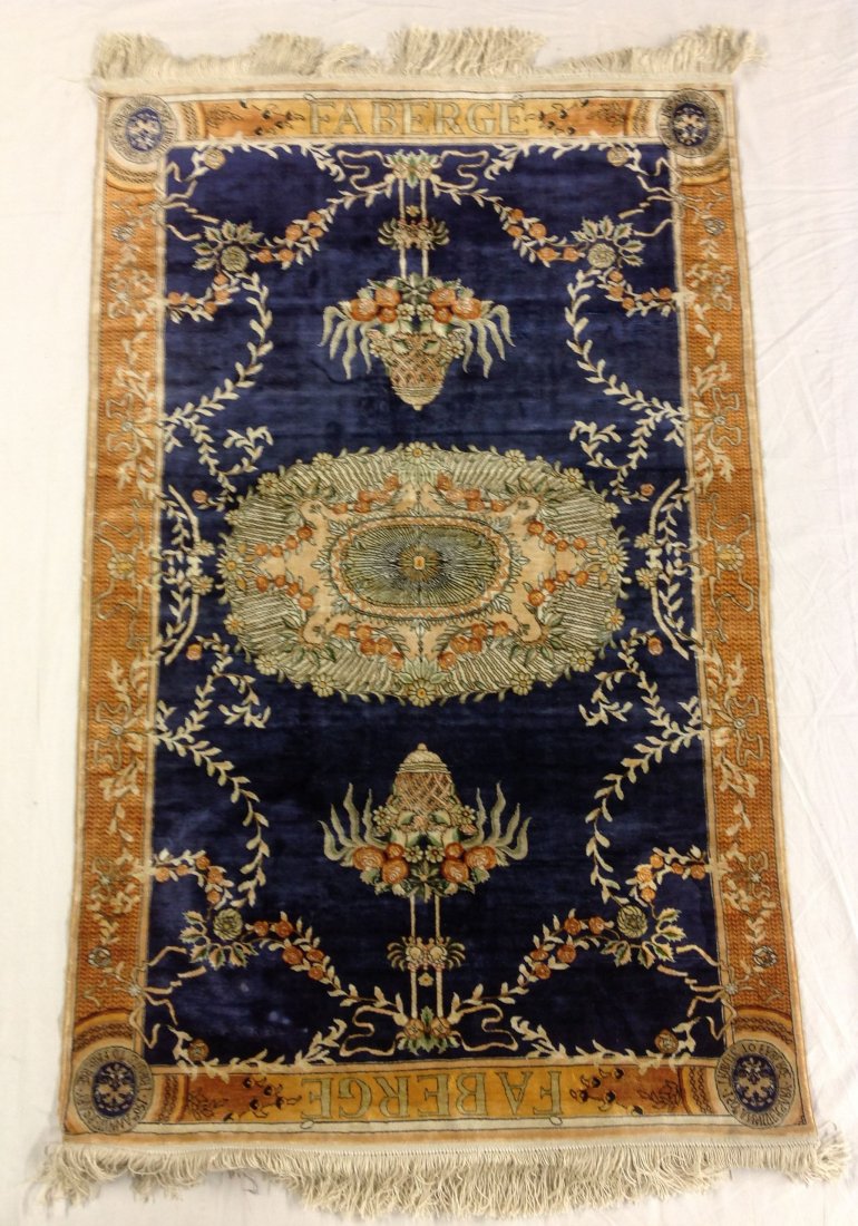 150th Year Commemorative Kashan Faberge Silk Rug: Nice blue Kashan silk rug made in Iran, 1000 knot per sq m / 650 knots per sq", all natural silk, 2'6" x 4", 77cm x 123cm