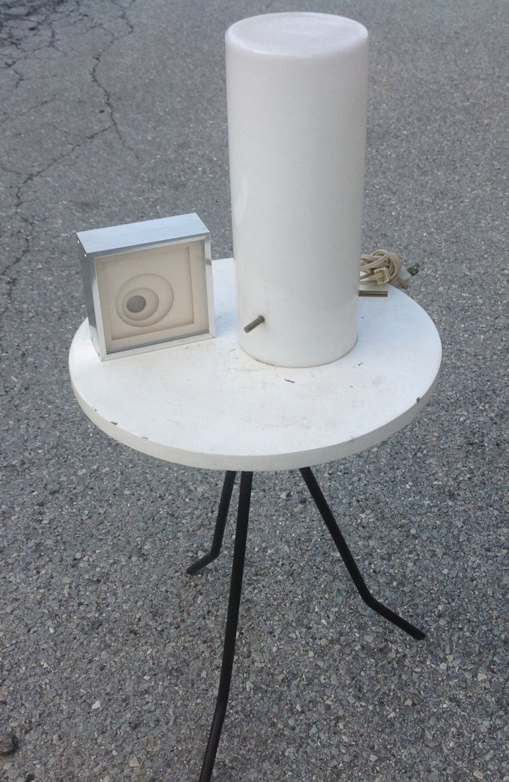 3pc Lot Modern Design - Greg Copeland 3D Sculpture: 3 pcs incl. Greg Copeland 3D Layered Paper Wall Sculpture 5"x5" 1972 #446C, Round stand & Cylinder Light Fixture
