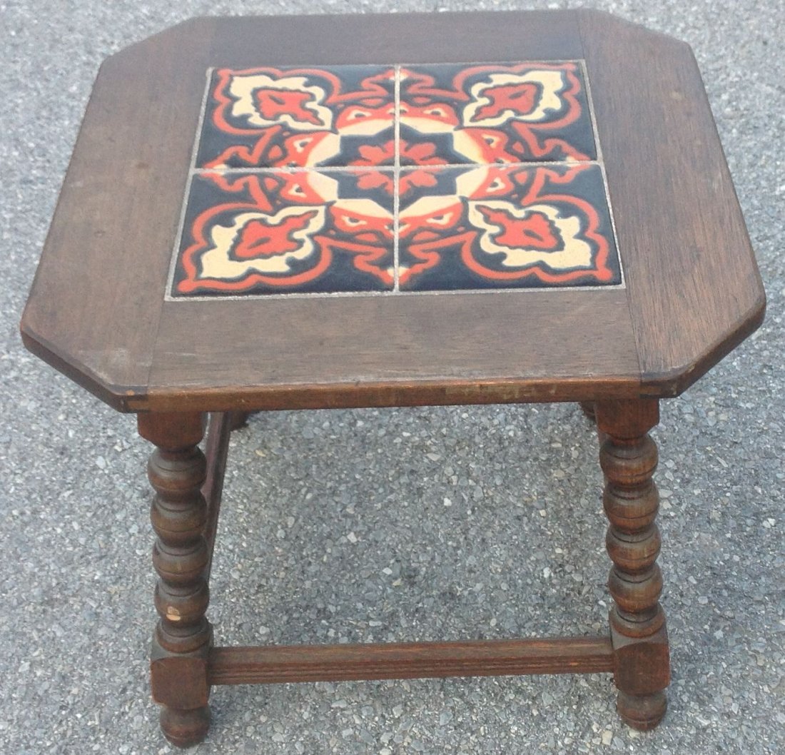 Gothic Walnut Tile Top Stand: Top inset w/ 4 Tiles, square top w/ tapered edges turned legs w/ stretcher supports, 17 1/2"H, Top 20"x20"