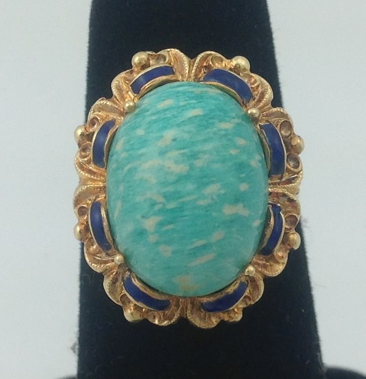 Ladies 18K Yellow Gold Amazonite Ring Blue Enamel: Ladies 18k yellow gold ring set w large oval Amazonite stone. Blue enamel accents