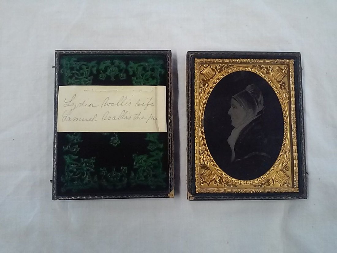 Samuel H Wallis Painted Ambrotype Wood & Leather Case: Painted Ambrotype of Samuel H Wallis' grandmother Lydia "Hollingsworth" Wallis, wife of Samuel Wallis of Muncy PA (noted and controversial Revolutionary war figure) 4 1/4"H x 3 1/4"W