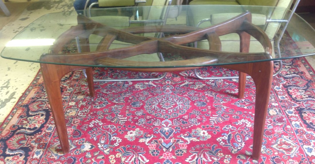 Mid Century Modern Adrian Pearsall Ribbon Dining Table: Glass & walnut ribbon dining table, 29"H x 70"L x 38 1/2"Wscratches to glass