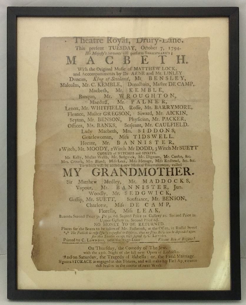 MacBeth 1794 Theatre Royale Playbill Broadside (1 of 1)