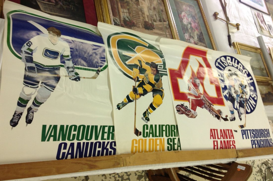 Group of 4 Vintage 1970s NHL Ice Hockey Posters: 4 posters - Nsational Hockey League Services Inc, 1973 -- California Golden Seals, Pittsburgh Penguins, Atlanta Flames, Vancouver Canucks - 35"H x 23"W