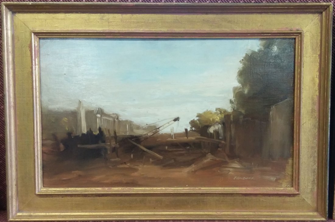 Seymour Remenick Boat Harbour Scene: 9"H x 14.5"W, signed Remenick