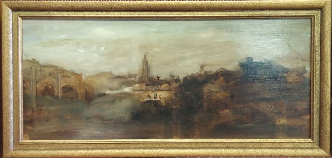 Seymour Remenick Boat Harbour Scene: 7.5"H x 17.5"W, unsigned