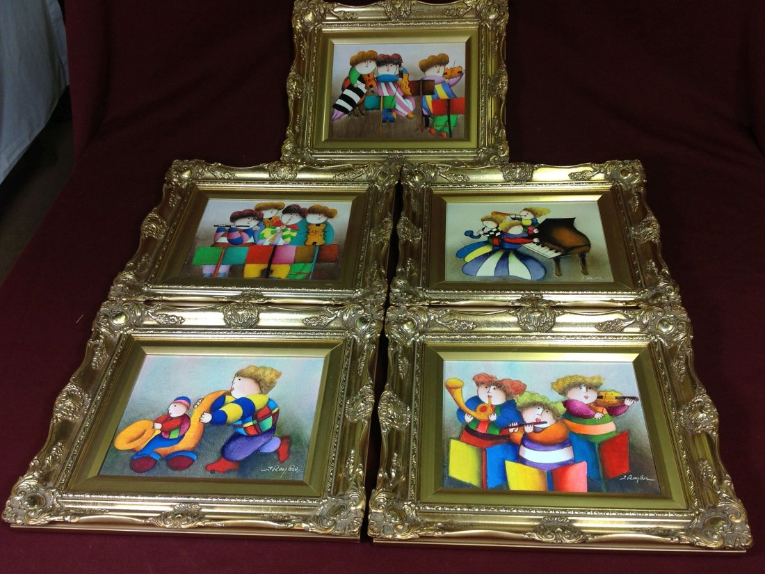 5 Oil Paintings by Joyce Roybal "Puffy People": All 5 are signed J. Roybal, Children playing musical instuments. 8"H x 10"W Joyce Roybal