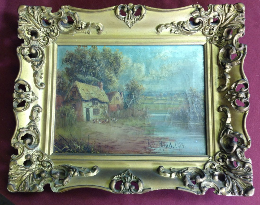 Oil Painting on Canvas Cottage Scene: 9"H x 12"W oil on canvas, cottage scene, signed JB MEAD