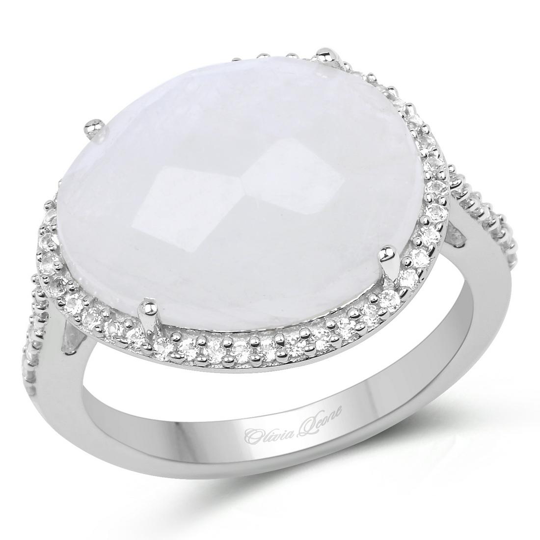 7.33 ctw Genuine White Rainbow Moonstone And White: 7.33 Carat Genuine White Rainbow Moonstone And White Topaz .925 Sterling Silver Ring White Rainbow Moonstone Fancy/16x13mm - 1/7.04 ctw Natural Not Treated White Topaz Round/1.30mm - 2/0.03 ctw Natura