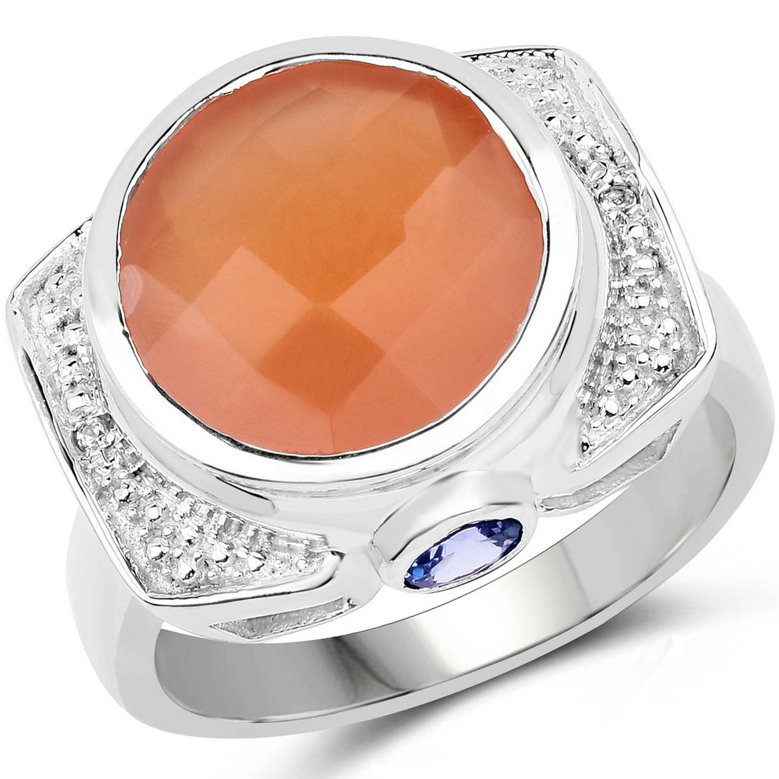 5.99 ctw Genuine Peach Moonstone, Tanzanite and White: 5.99 Carat Genuine Peach Moonstone, Tanzanite and White Topaz .925 Sterling Silver Ring Peach Moonstone Round/12.00mm - 1/5.60 ctw Natural Not Treated Tanzanite Round/3.50mm - 2/0.38 ctw Natural Heat