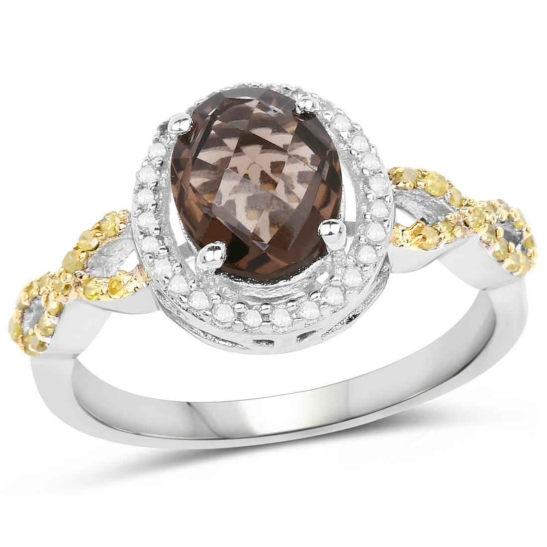 1.90 ctw Genuine Smoky Quartz, Yellow Diamond & White: 1.90 Carat Genuine Smoky Quartz, Yellow Diamond & White Diamond .925 Sterling Silver Ring Smoky Quartz Oval/9x7mm - 1/1.60 ctw Natural Irradiated Yellow Diamond Round/1.00mm - 28/0.15 ctw Natural Not 