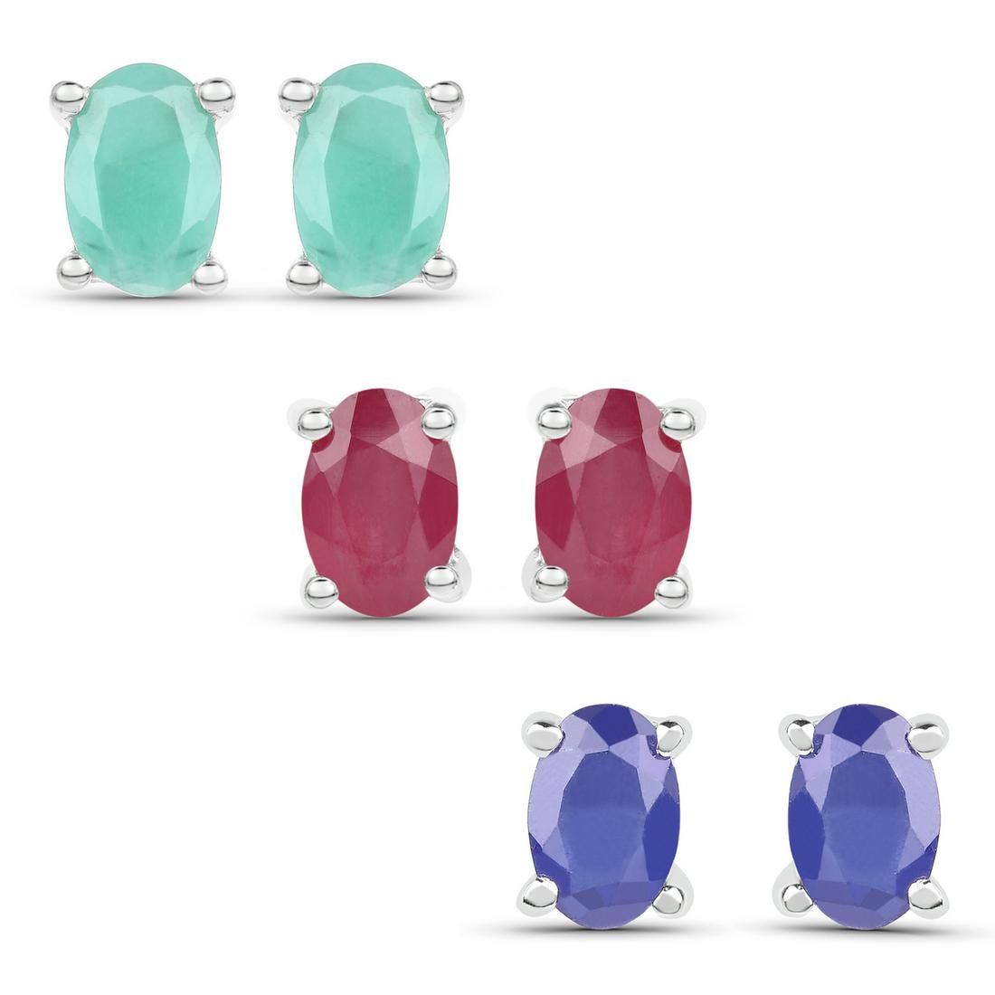 2.96 ctw Emerald, Glass Filled Ruby and Glass Filled: 2.96 Carat Emerald, Glass Filled Ruby and Glass Filled Sapphire .925 Sterling Silver Earrings Emerald Oval/6x4mm - 2/0.84 ctw Natural Oiled E Glass Filled Ruby Oval/6x4mm - 2/0.98 ctw Natural Heat Tre