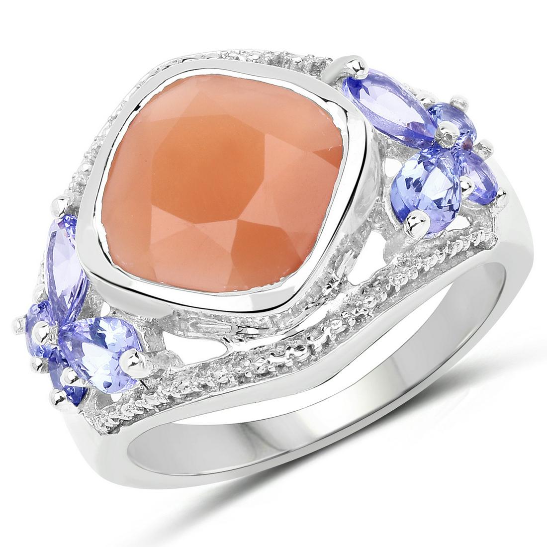 4.67 ctw Genuine Peach Moonstone and Tanzanite .925: 4.67 Carat Genuine Peach Moonstone and Tanzanite .925 Sterling Silver Ring Peach Moonstone Cushion/10.00mm - 1/3.55 ctw Natural Not Treated Tanzanite Pear/5x3mm - 4/0.84 ctw Natural Heat Treated E Tan