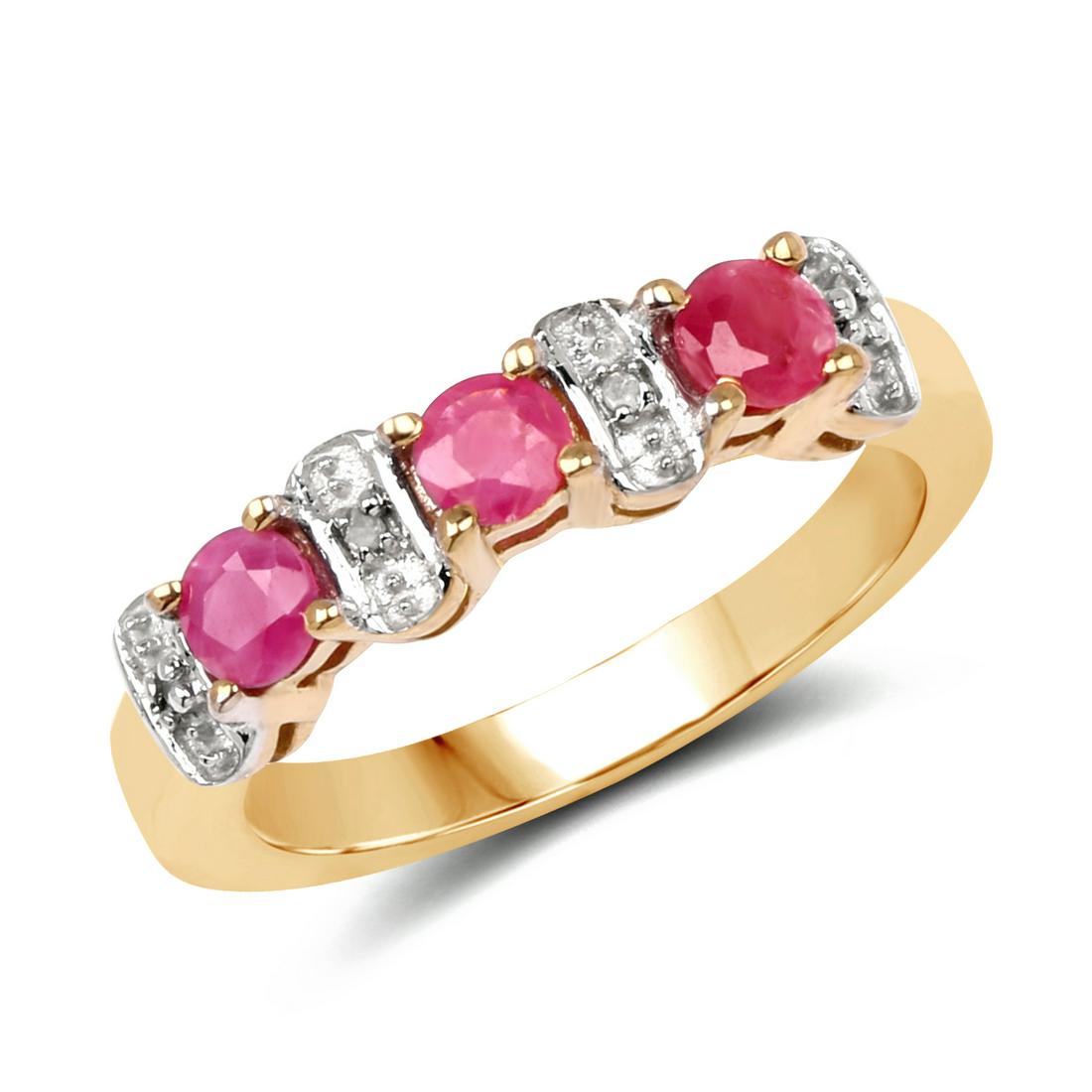 14K Yellow Gold Plated 0.71 ctw Genuine Ruby and White: 14K Yellow Gold Plated 0.71 Carat Genuine Ruby and White Diamond .925 Sterling Silver Ring Ruby Round/3.50mm - 3/0.69 ctw Natural Heat Treated F White Diamond Round/1.00mm - 4/0.02 ctw Natural Not Tre