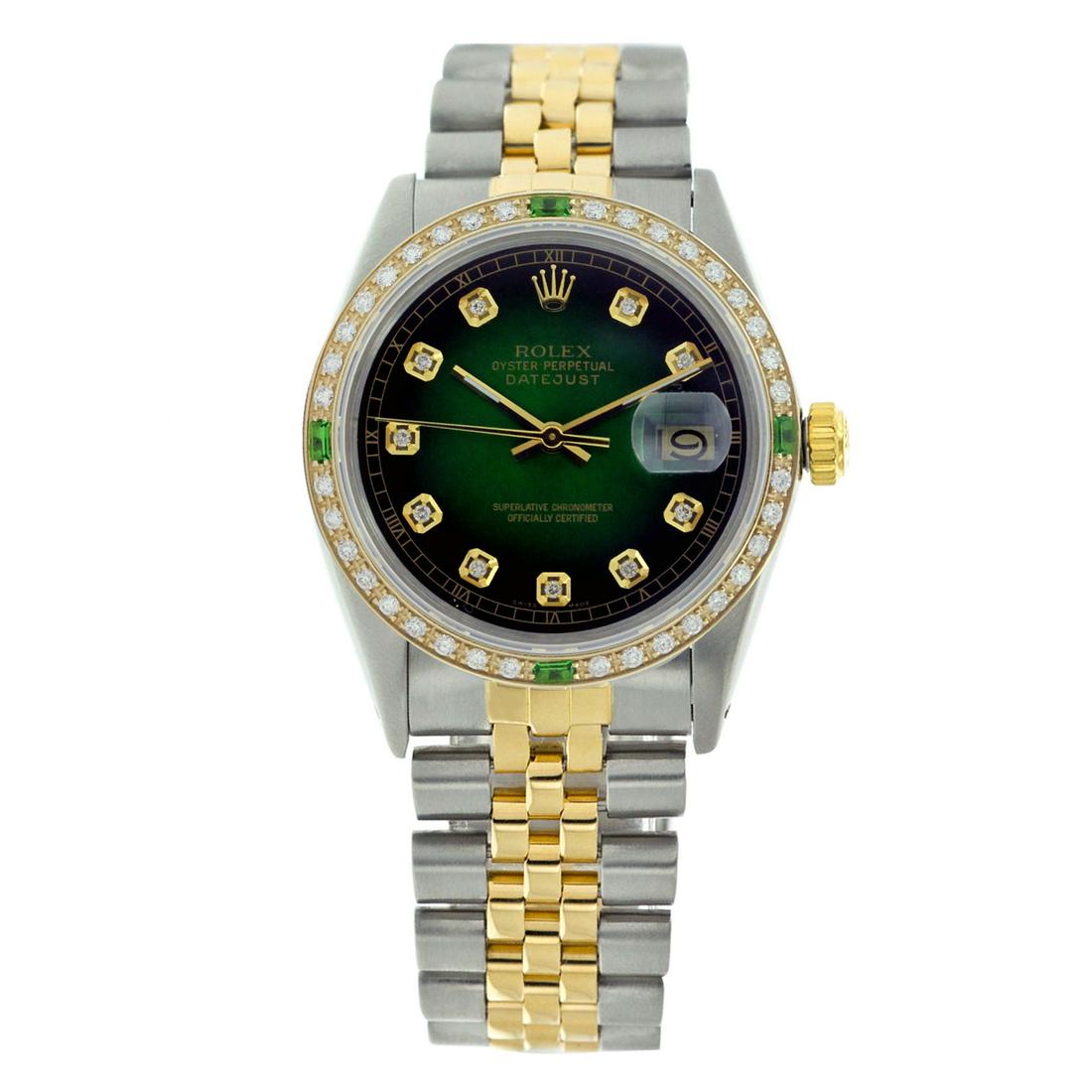 Pre-owned Excellent Condition Rolex Datejust Mens 36mm: Pre-owned Excellent Condition Rolex Datejust Mens 36mm Model: Rolex Datejust Mens 36mm Sapphire Crystal Dial: Custom (Not Rolex) Green Vigenette Dial Markers: 10 Genuine Diamonds Diamond: G-H color/ S