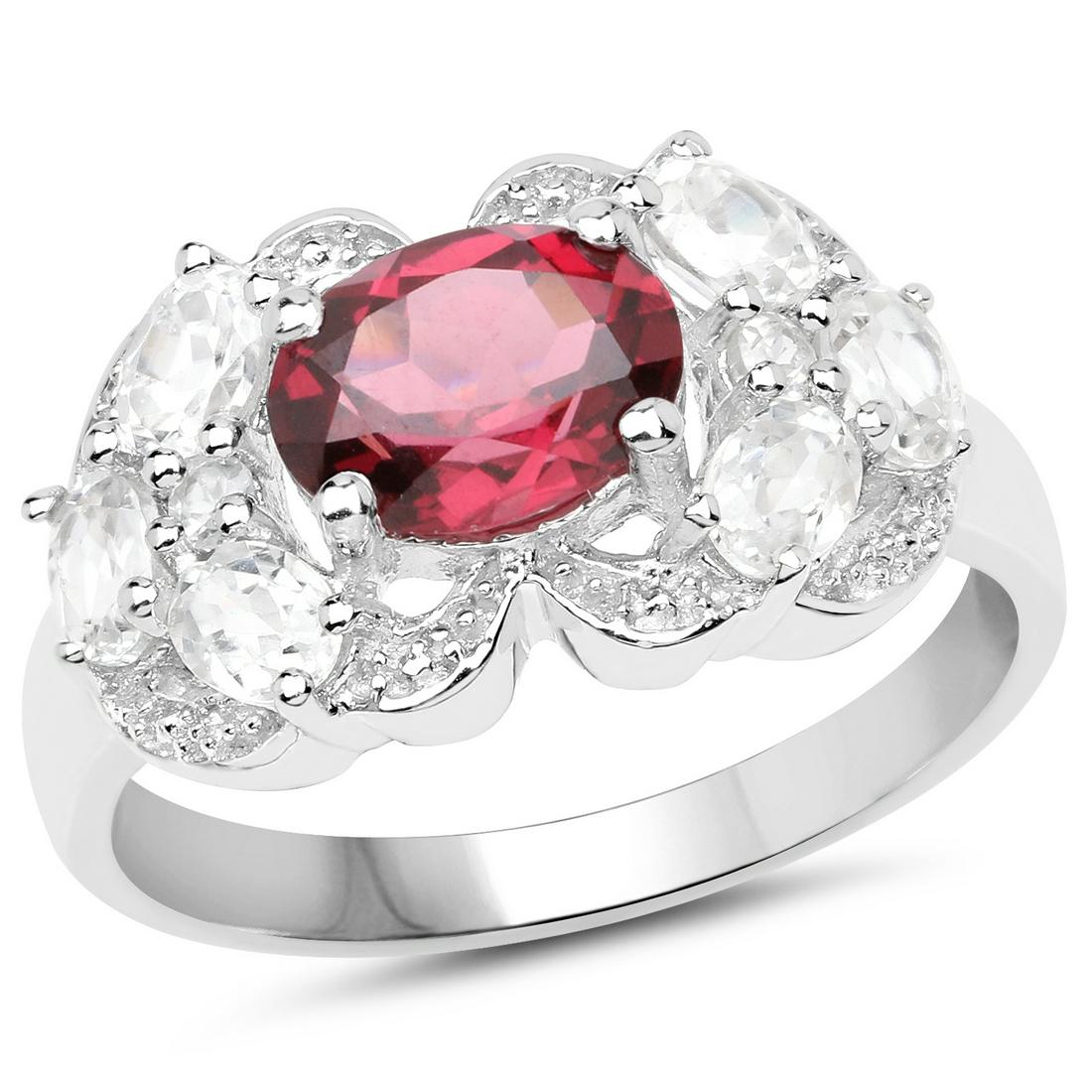3.16 ctw Genuine Rhodolite and White Zircon .925: 3.16 Carat Genuine Rhodolite and White Zircon .925 Sterling Silver Ring Rhodolite Garnet Oval/8x6mm - 1/1.56 ctw Natural Not Treated White Zircon Oval/4x3mm - 6/1.50 ctw Synthetic Heat Treated CR Whit
