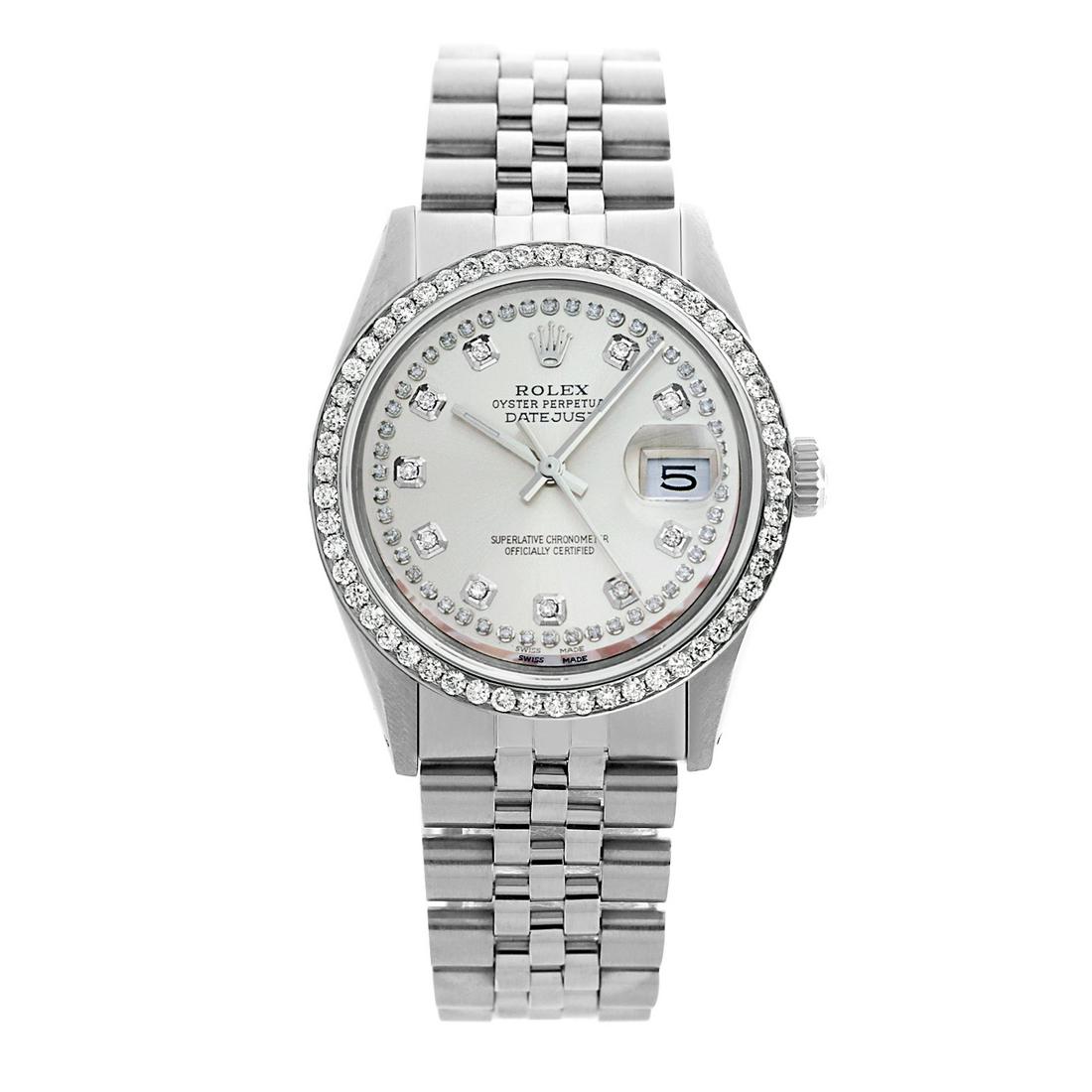 Pre-owned Excellent Condition Rolex Datejust Mens 36mm: Pre-owned Excellent Condition Datejust Mens 36mm Model: Datejust Mens 36mm Sapphire Crystal Dial: Custom (Not Rolex) String Silver Dial Dial Markers: 10 Genuine Diamonds Diamond: G-H color/ SI1-SI2 cl