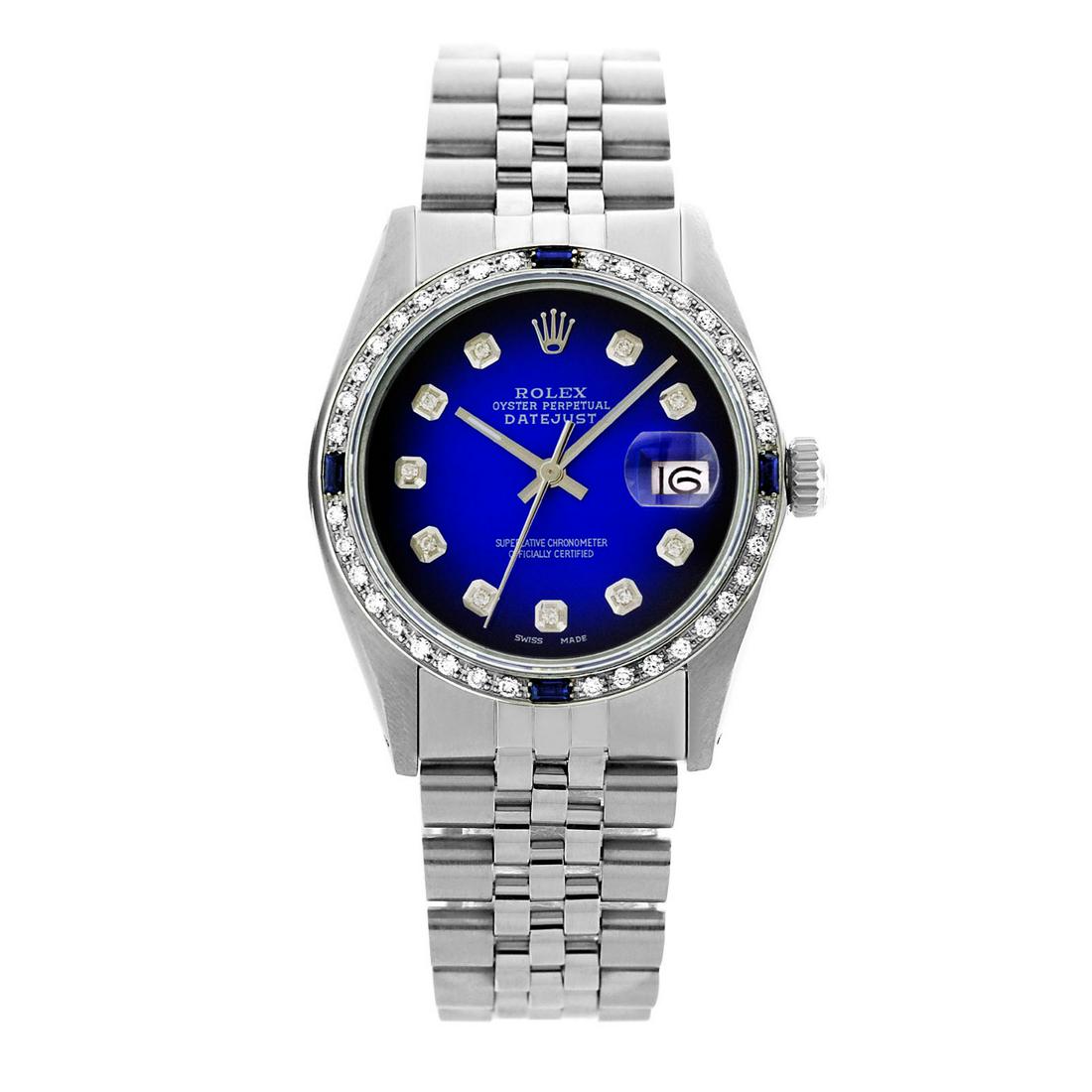 Pre-owned Excellent Condition Rolex Datejust Mens 36mm: Pre-owned Excellent Condition Datejust Mens 36mm Model: Datejust Mens 36mm Sapphire Crystal Dial: Custom (Not Rolex) Blue Vignette Dial Markers: 10 Genuine Diamonds - Old Setting (with Tracker) Diamon