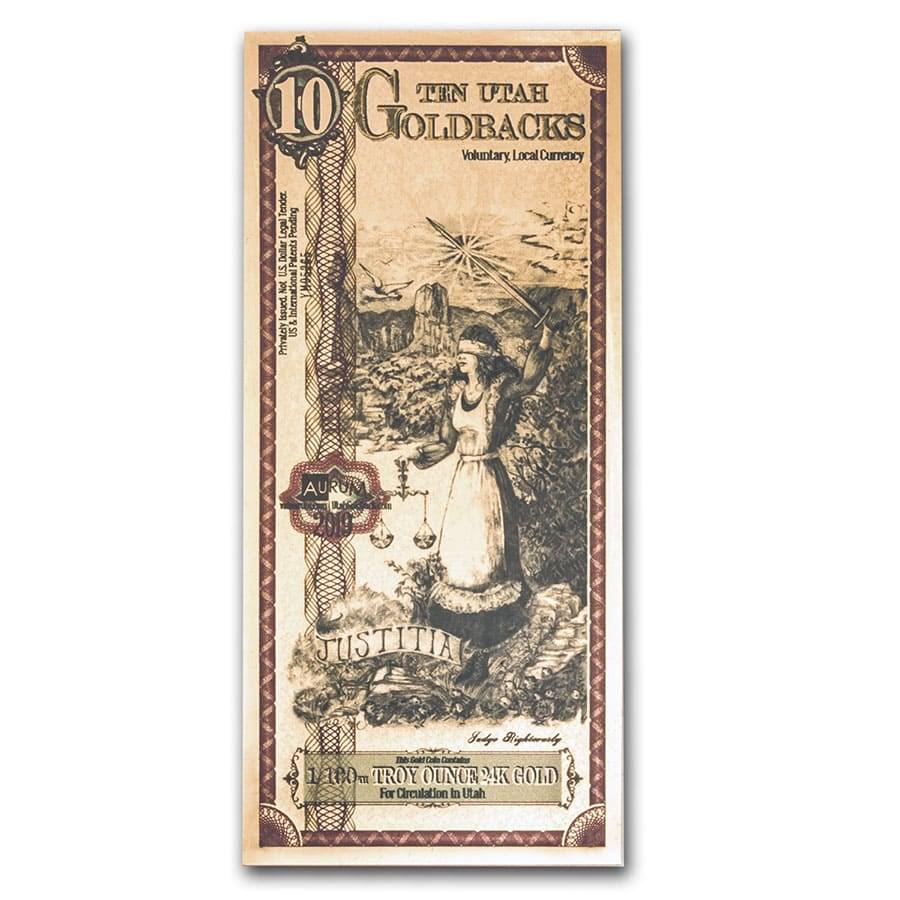 10 Utah Goldback - Aurum Gold Foil Note (24k): 10 Utah Goldback - Aurum Gold Foil Note (24k) Your winning item will match the quality of the product shown. Dates will be according to listing, may or may not vary.