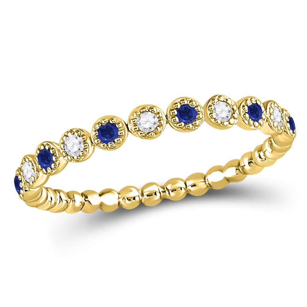 10kt Yellow Gold Round Blue Sapphire Diamond Beaded Dot: SKU: RB127848 ---- 10kt Yellow Gold Round Blue Sapphire Diamond Beaded Dot Stackable Band Ring 1/6 Cttw Manufacturer Model: JSC-127848 Description