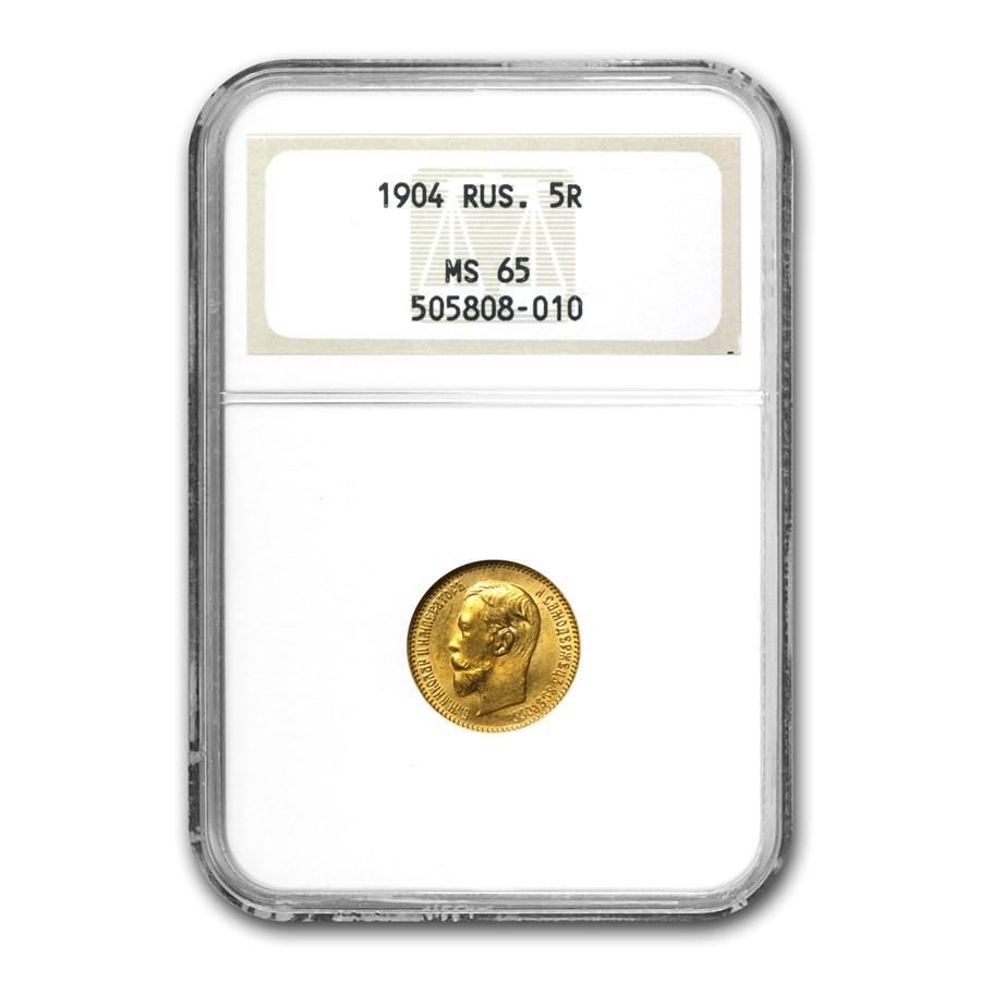 1904 Russia Gold 5 Roubles Nicholas II MS-65 NGC: 1904 Russia Gold 5 Roubles Nicholas II MS-65 NGC Your winning item will match the quality of the product shown. Dates will be according to listing, may or may not vary.