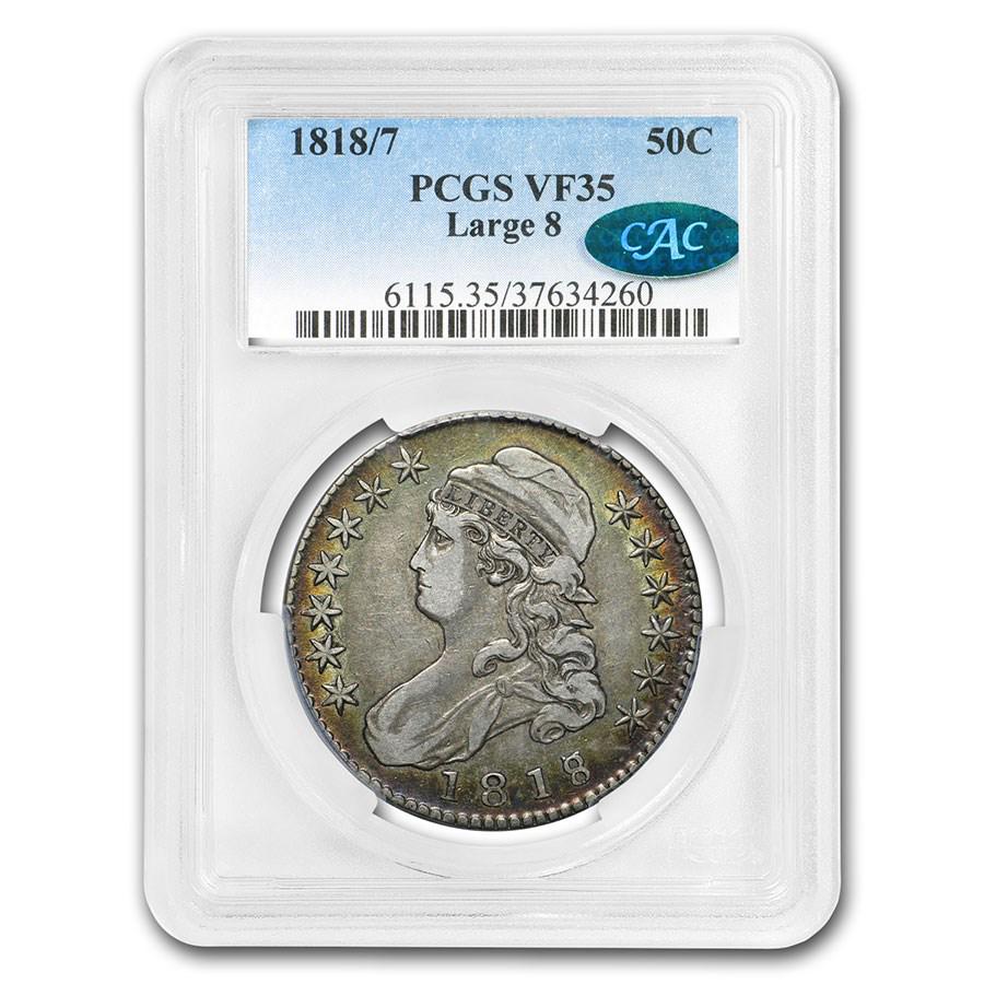 1818/7 Capped Bust Half Dollar VF-35 PCGS (Large: 1818/7 Capped Bust Half Dollar VF-35 PCGS (Large 8)(CAC) Your winning item will match the quality of the product shown. Dates will be according to listing, may or may not vary.